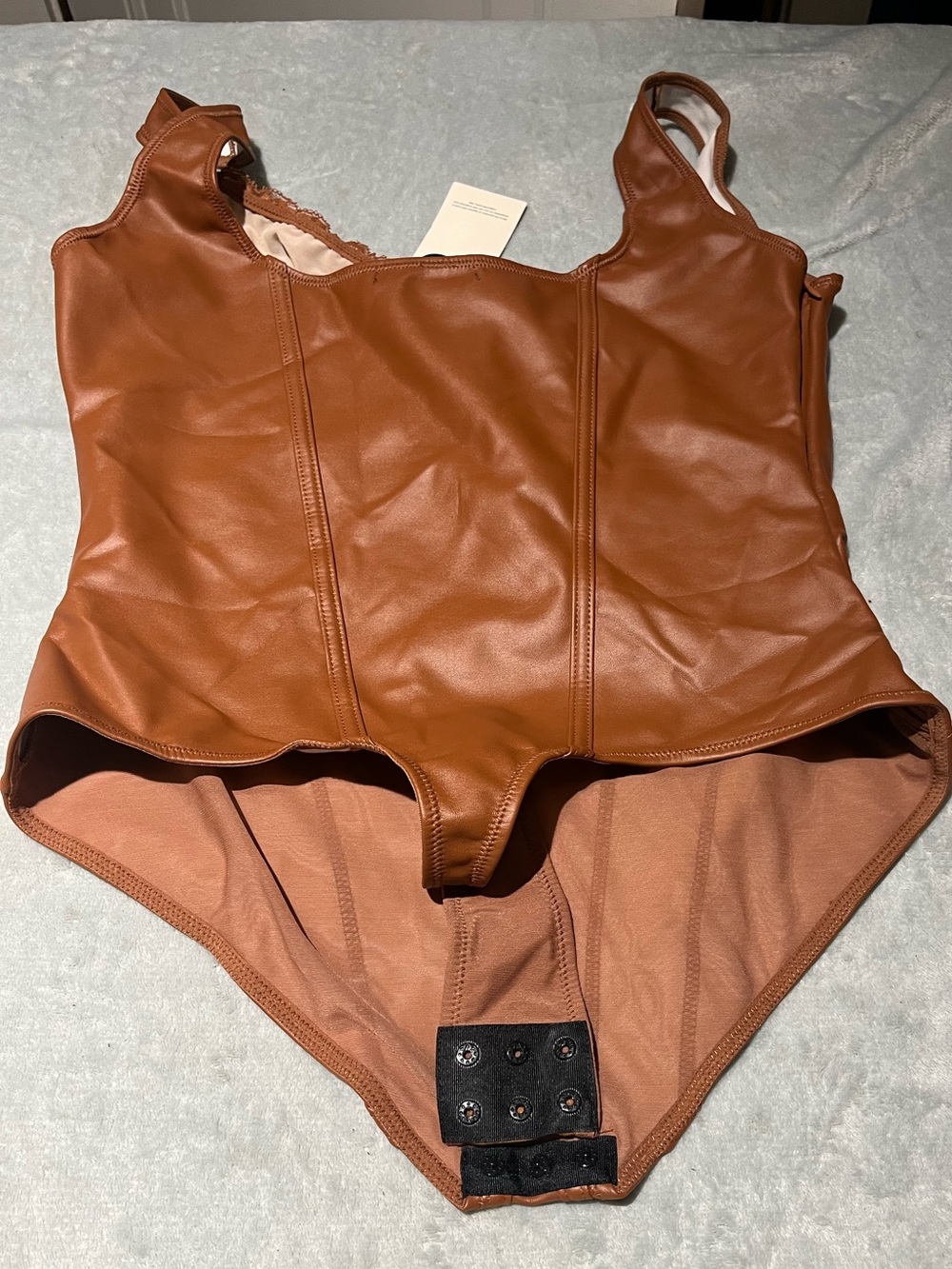 Women’s Popilush lace Faux-Leather Bodysuit in Caramel Brown - Picture 2 of 4